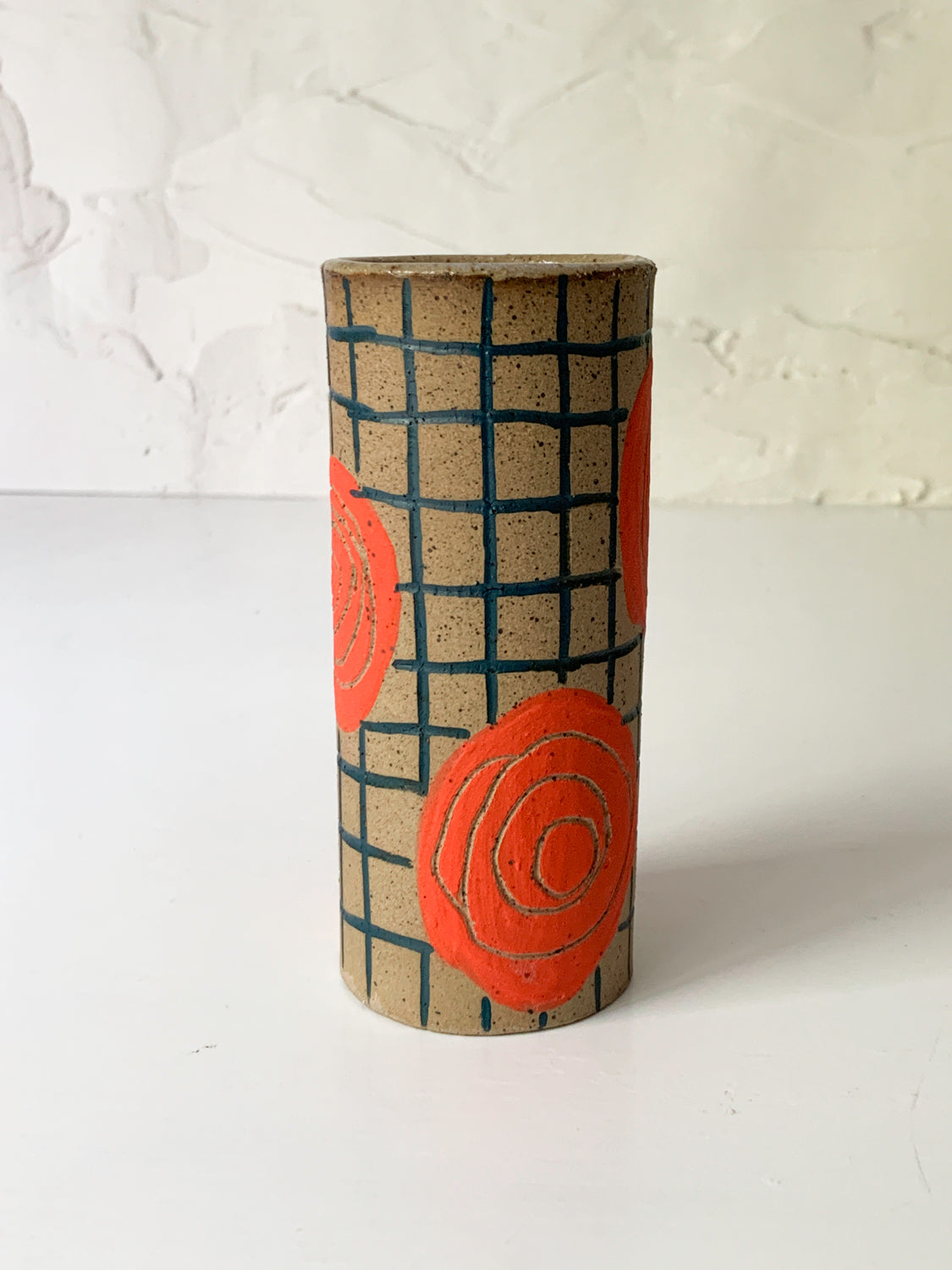 Stoneware Bud Vase with Bright Orange Circles