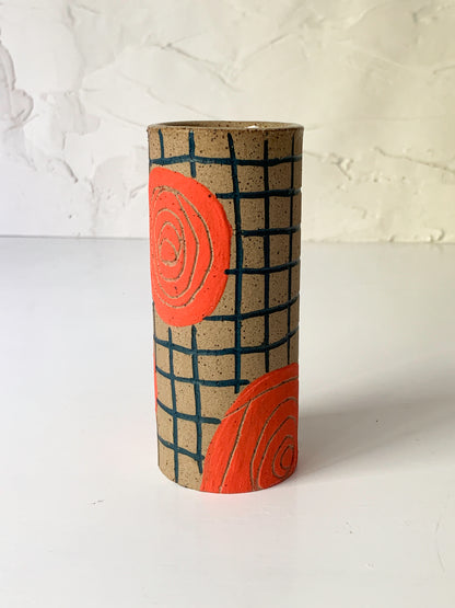 Stoneware Bud Vase with Bright Orange Circles